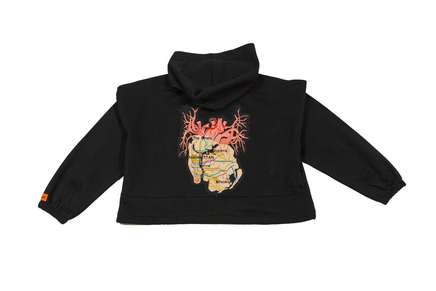 New York City Arteries hand embroidered ladies' black crop hoody