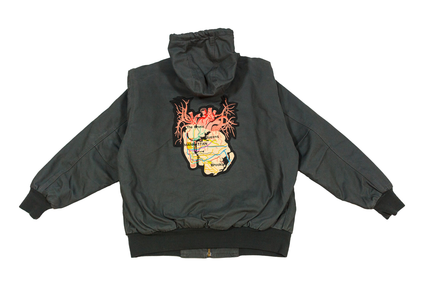 New York City Arteries embroidered gravel highland heavyweight 100% cotton canvas 12 oz. metal zipper hooded weather resistant jacket
