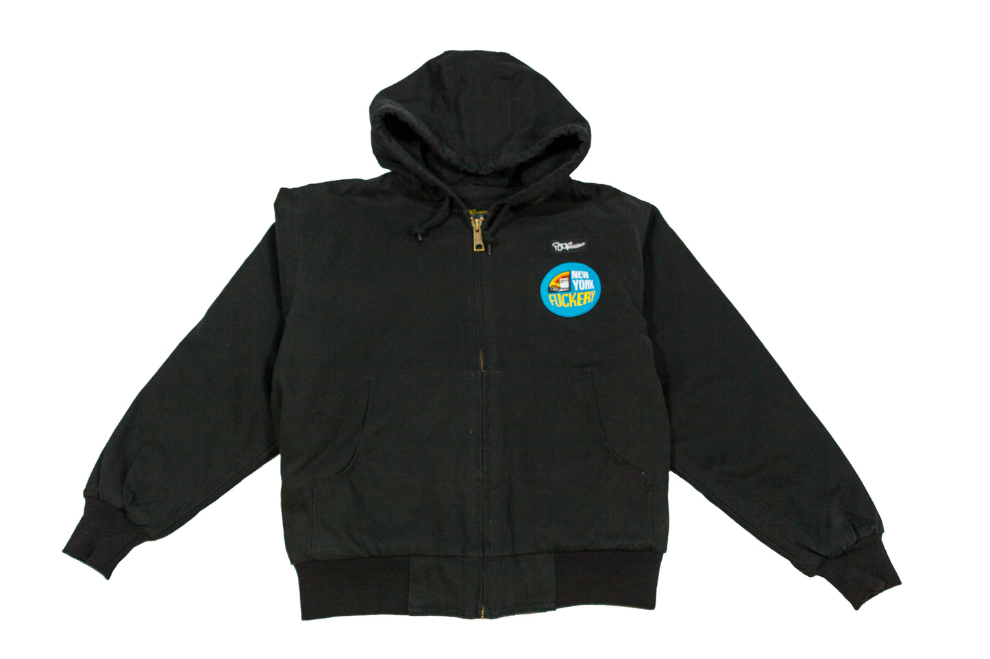 New York Fuckery hand sewn embroidery black highland heavyweight 100% cotton canvas 12 oz. metal zipper hooded weather resistant jacket