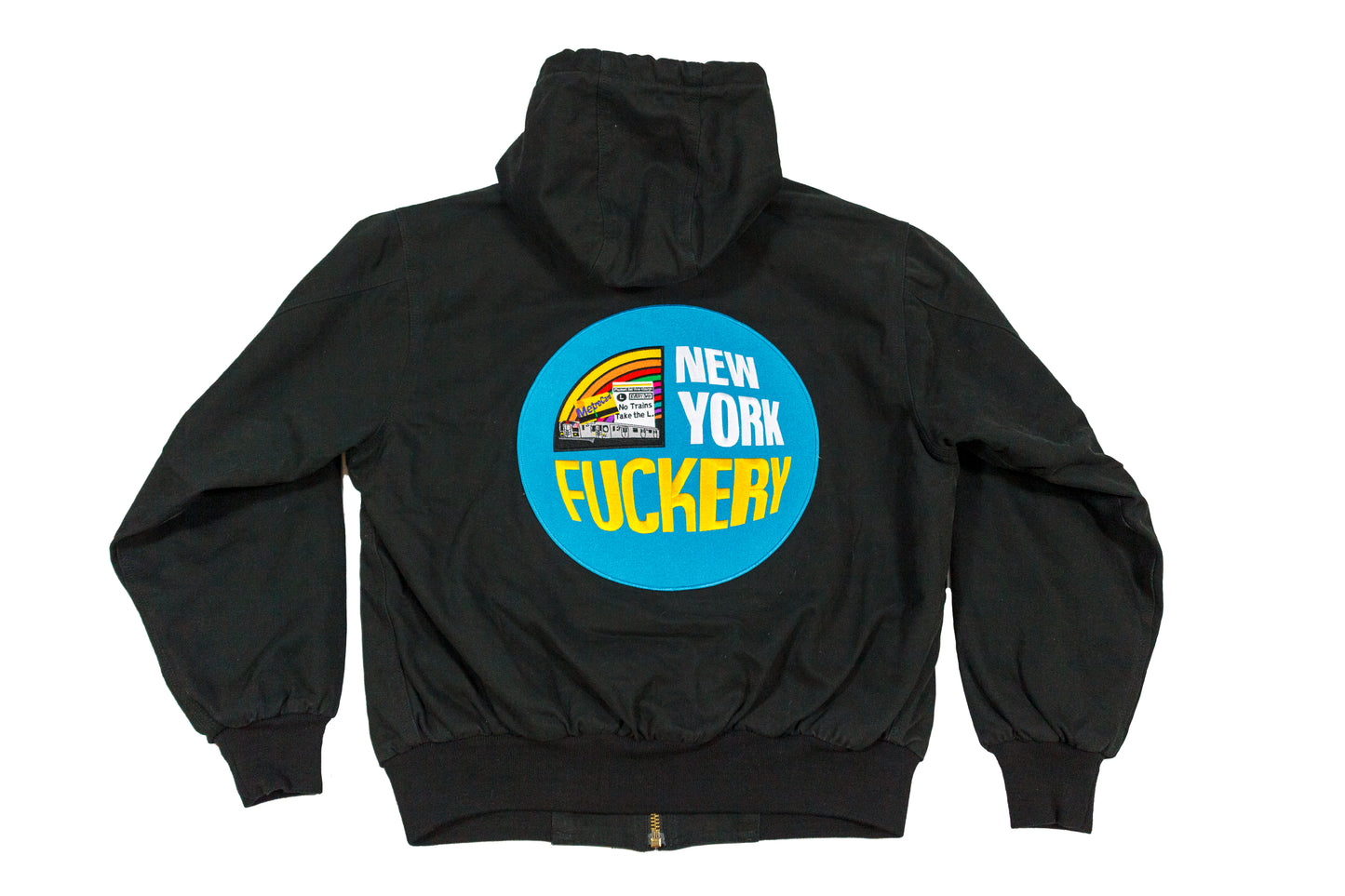 New York Fuckery hand sewn embroidery black highland heavyweight 100% cotton canvas 12 oz. metal zipper hooded weather resistant jacket