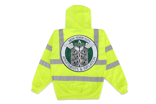 Apartments & Inflation hand sewn embroidery hi-vis thermal hooded construction jacket