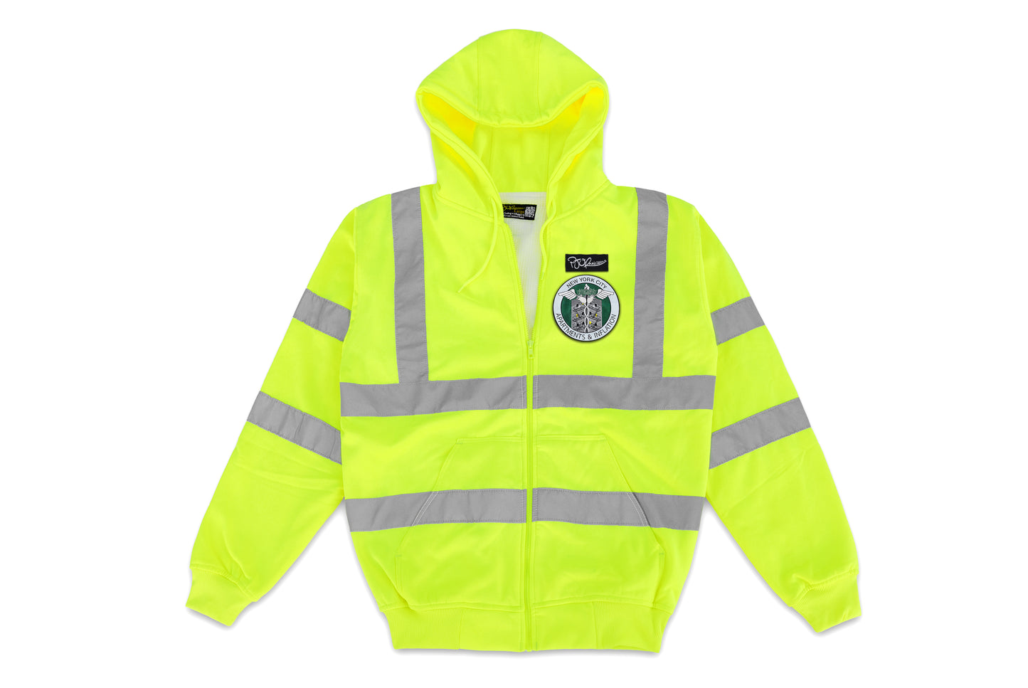Apartments & Inflation hand sewn embroidery hi-vis thermal hooded construction jacket