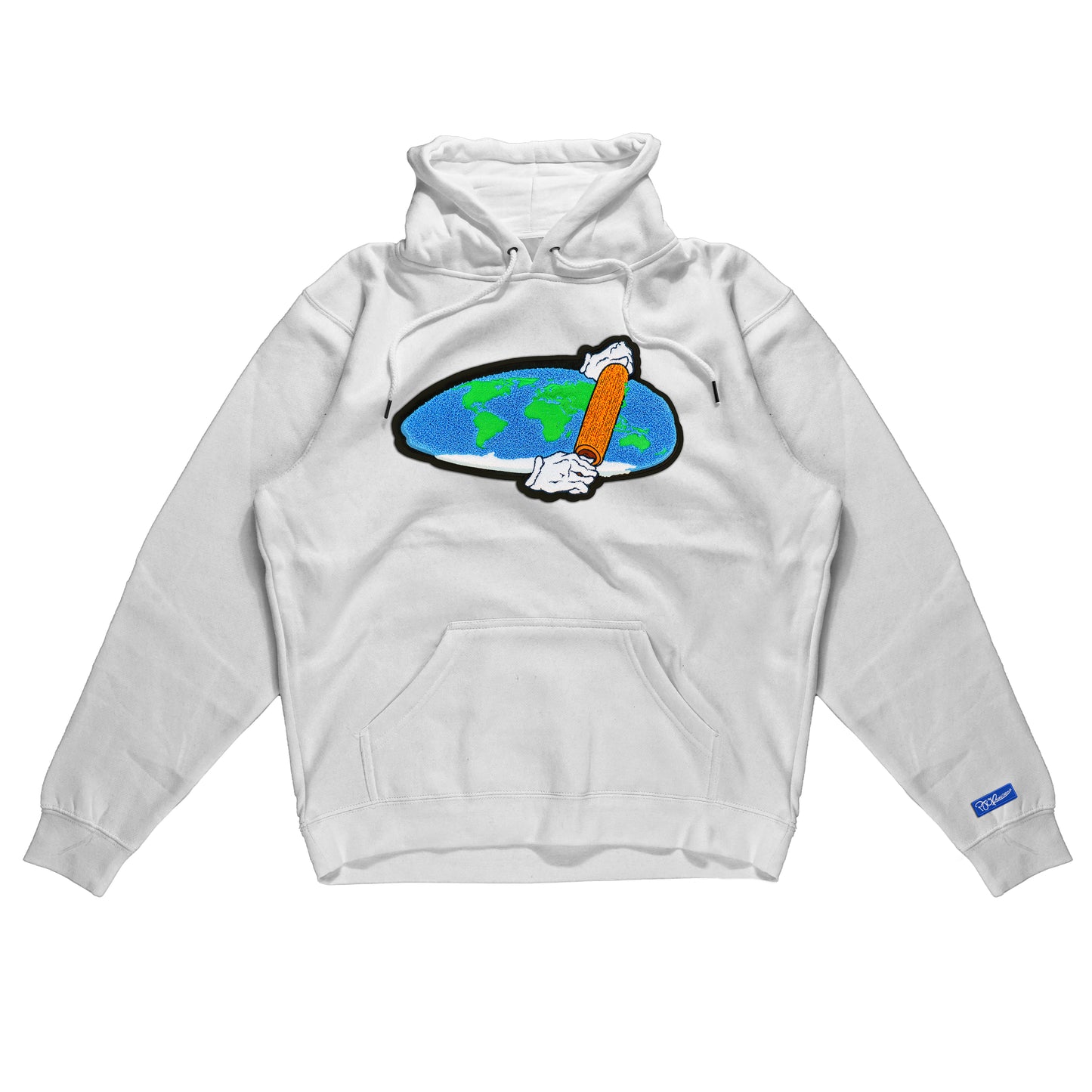Flat Earth Theory hand sewn chenille pure white hoody