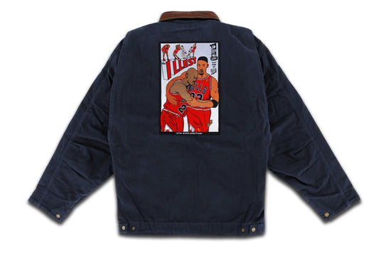 The Illest hand sewn embroidery navy gasoline jacket with metal zipper & brown collar