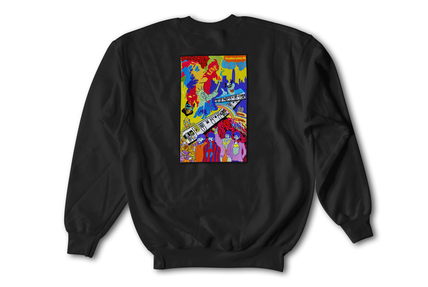 The Yellow Subway Line hand sewn embroidery jet black crewneck