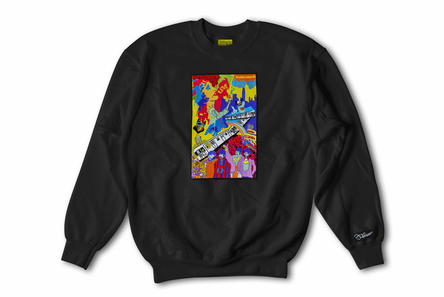 The Yellow Subway Line hand sewn embroidery jet black crewneck