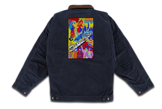 The Yellow Subway Line hand sewn embroidery navy gasoline jacket with metal zipper & brown collar