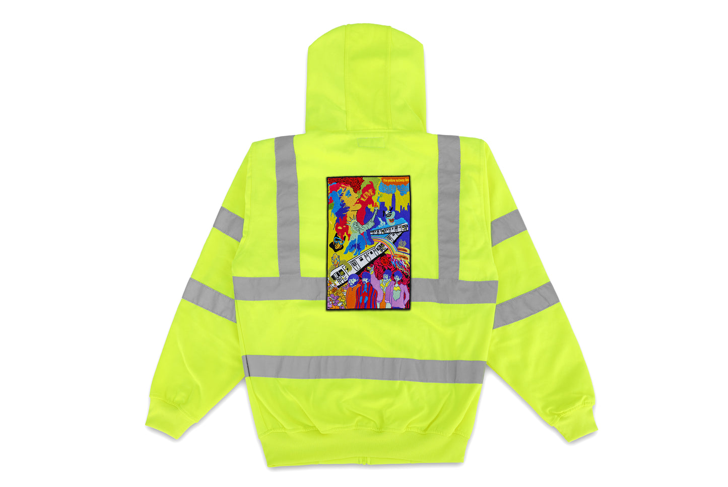 The Yellow Subway Line hand sewn embroidery hi-vis thermal hooded construction jacket