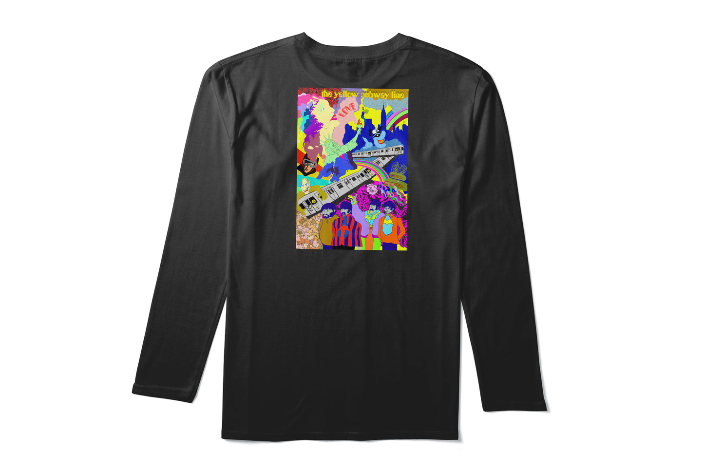 The Yellow Subway Line heat pressed long sleeve black tee