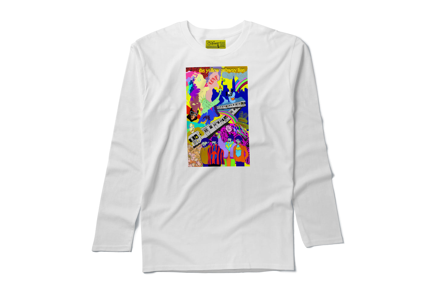 The Yellow Subway Line heat pressed long sleeve white tee