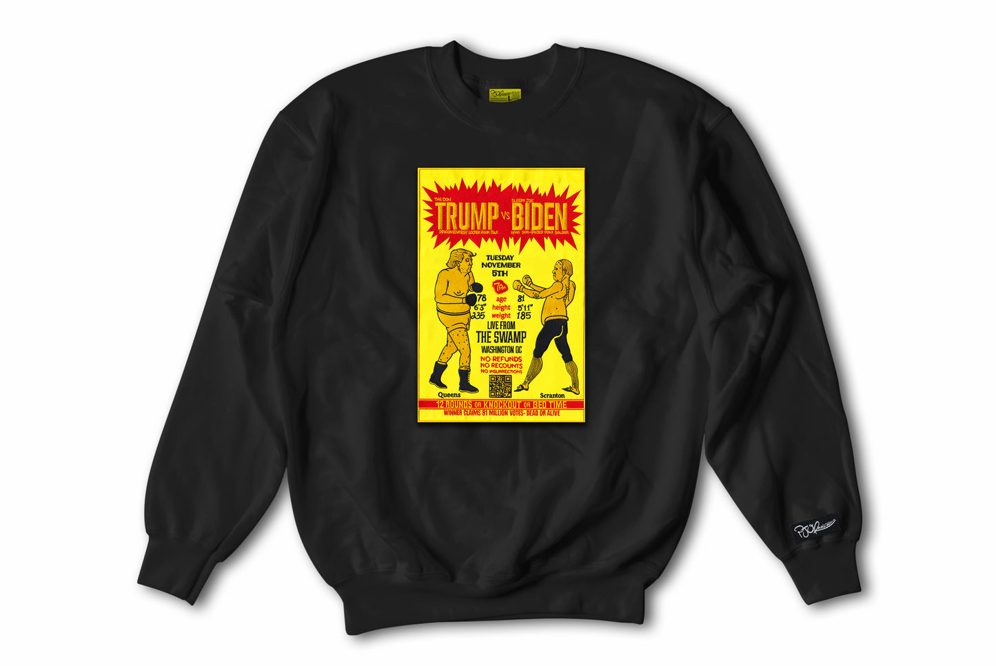 Trump vs. Biden hand sewn embroidery jet black crewneck