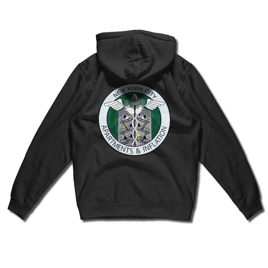 New York City Apartments & Inflation hand sewn embroidery on 10 oz. pullover hoody