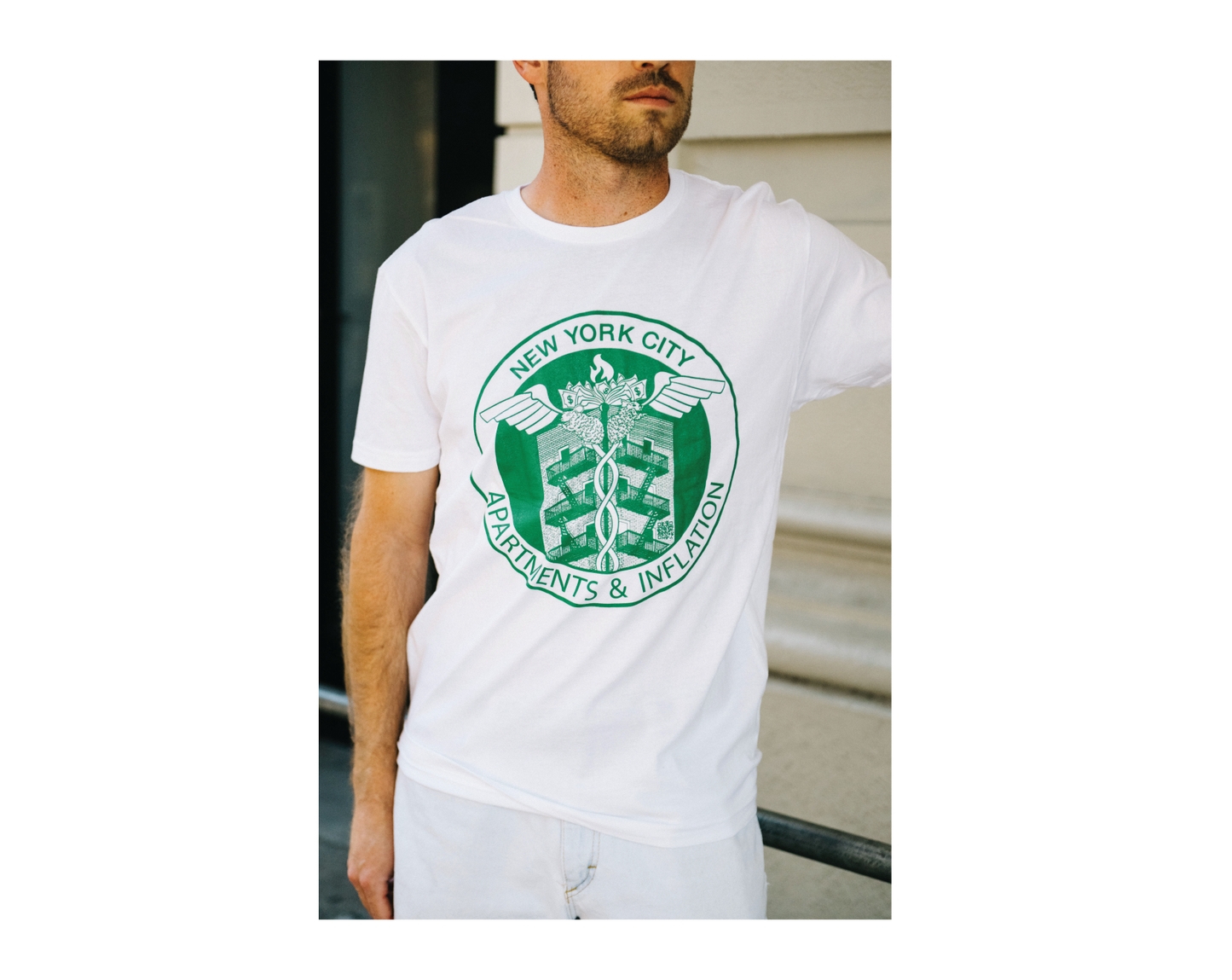 Apartments & Inflation screenprinted white tee