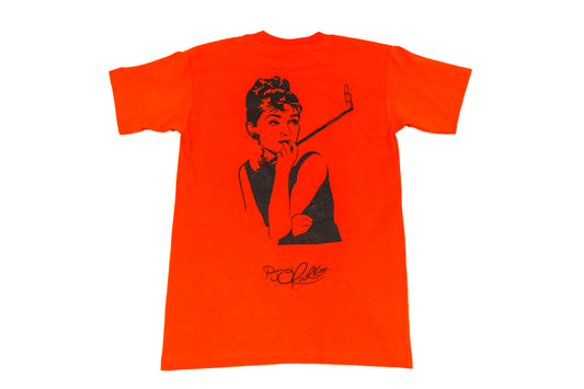 Selfie's at Tiffany's 5.4 oz. 100% USA cotton bright orange pocket tee