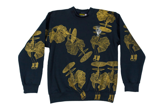 A-Bombshell metallic gold 1/1 screenprinted navy 9.5 oz. 100% USA made crewneck