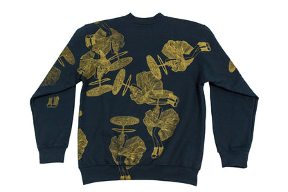 A-Bombshell metallic gold 1/1 screenprinted navy 9.5 oz. 100% USA made crewneck