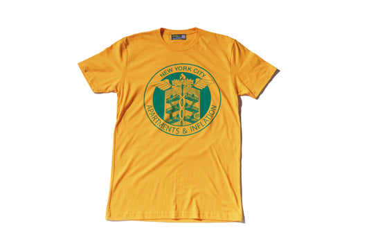 Apartments & Inflation Screen Print on Gold T-Shirt
