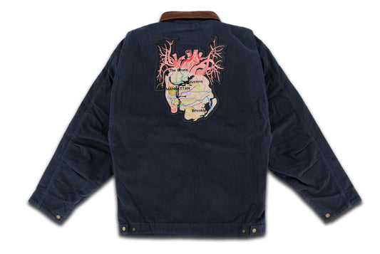 New York City Arteries hand sewn embroidery navy gasoline jacket with metal zipper & brown collar