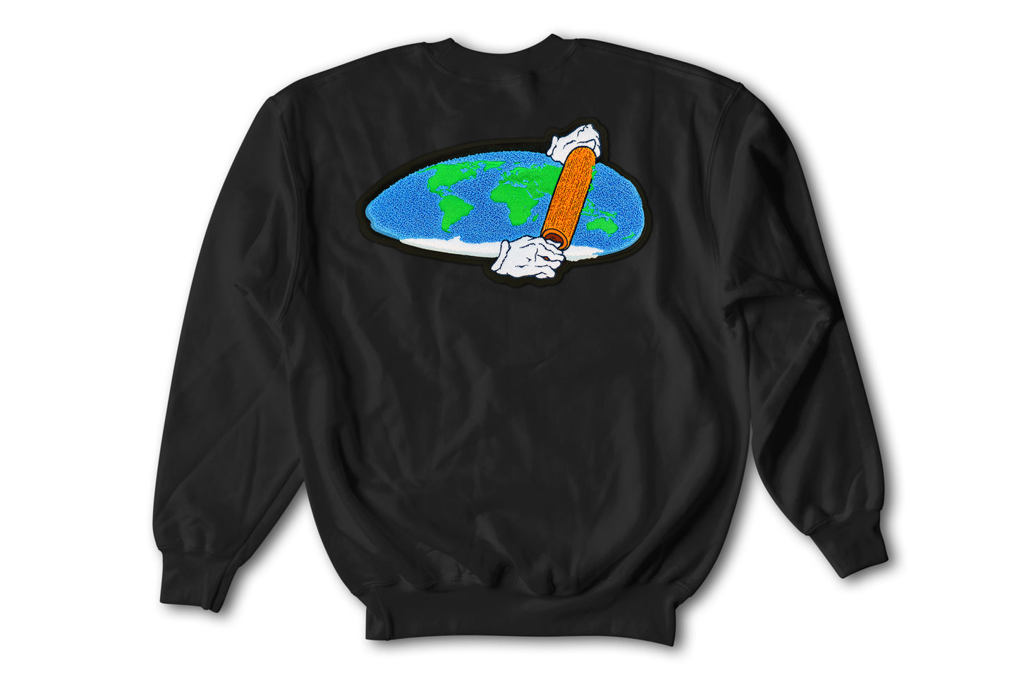 Flat Earth Theory Patch on Black Crewneck