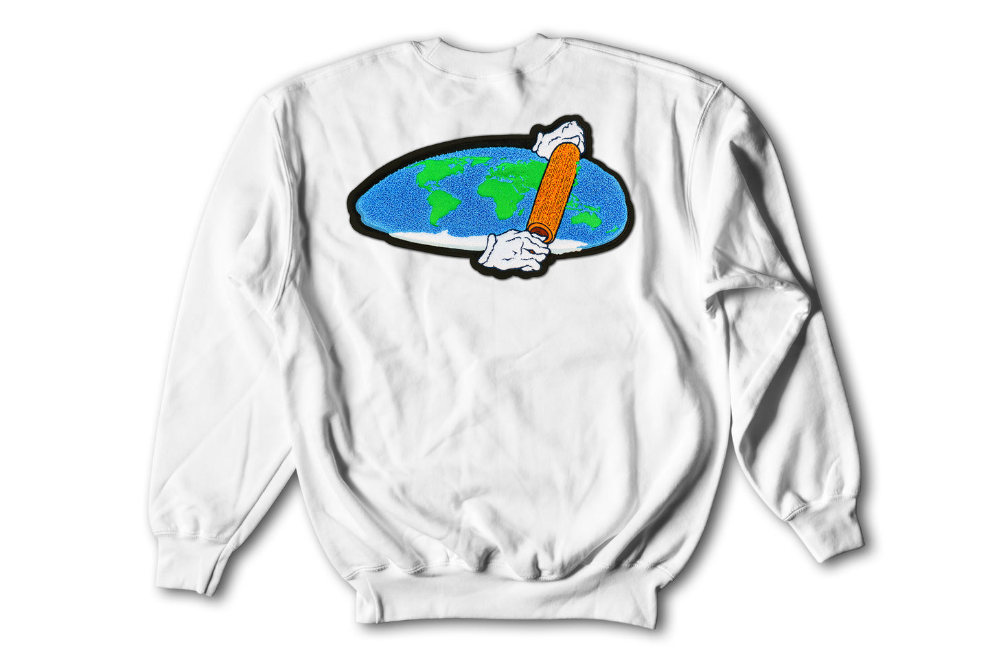 Flat Earth Theory Patch on White Crewneck