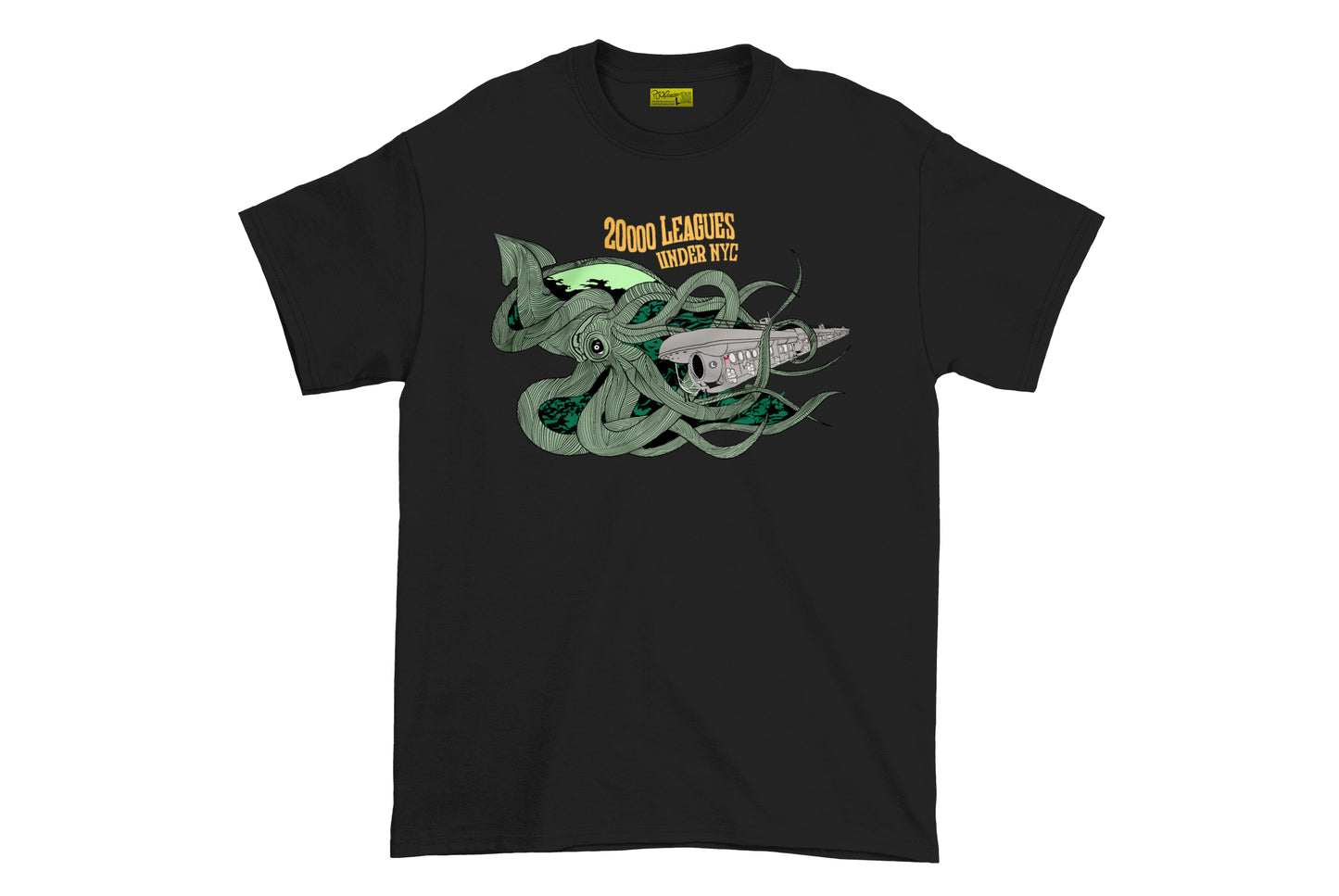 20,000 Leagues Under NYC Heat Transfer on Black T-Shirt