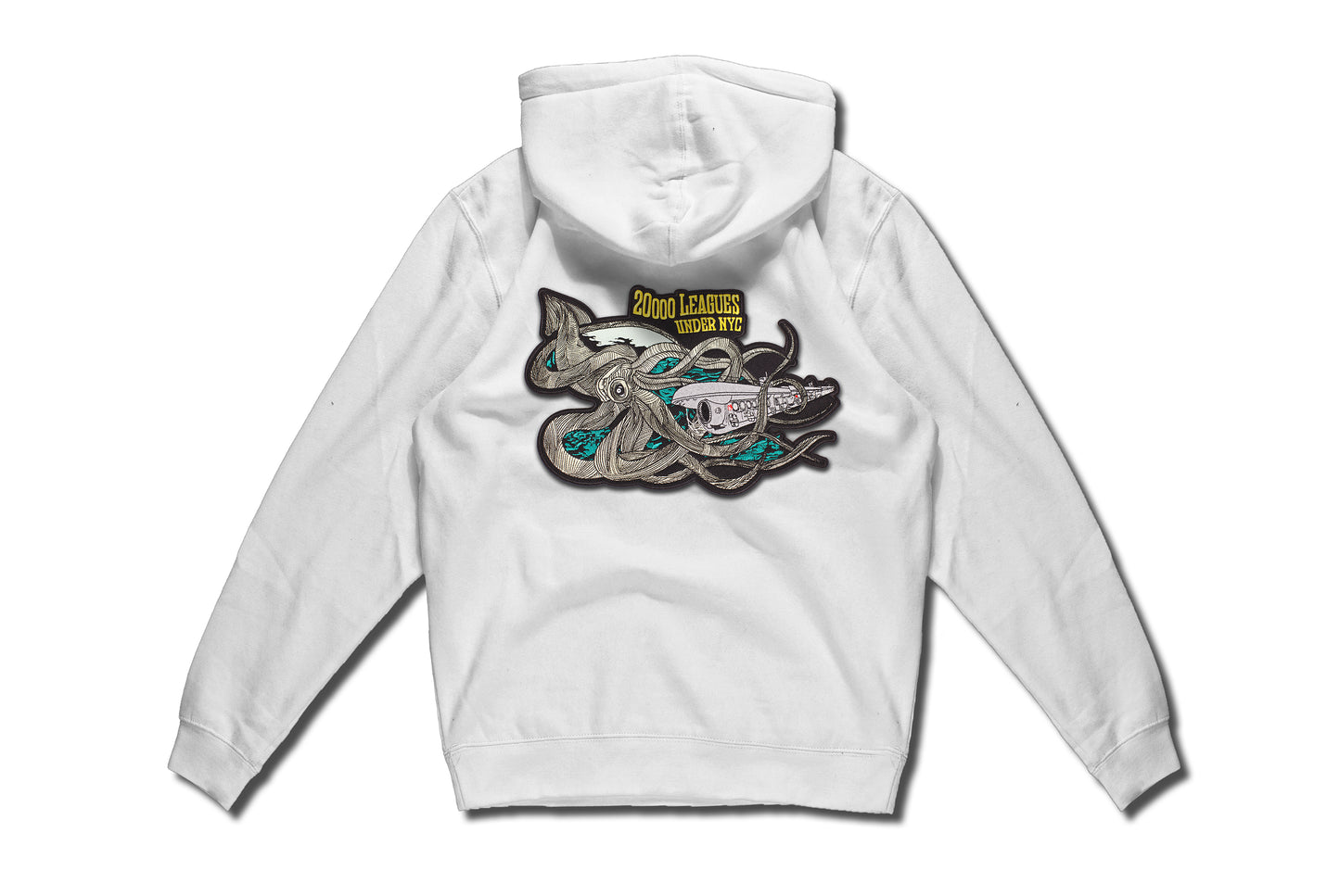 20,000 Leagues Under NYC Patch on White Hoodie