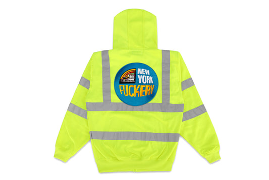 New York Fuckery Patch on Hi-Vis Hooded Jacket