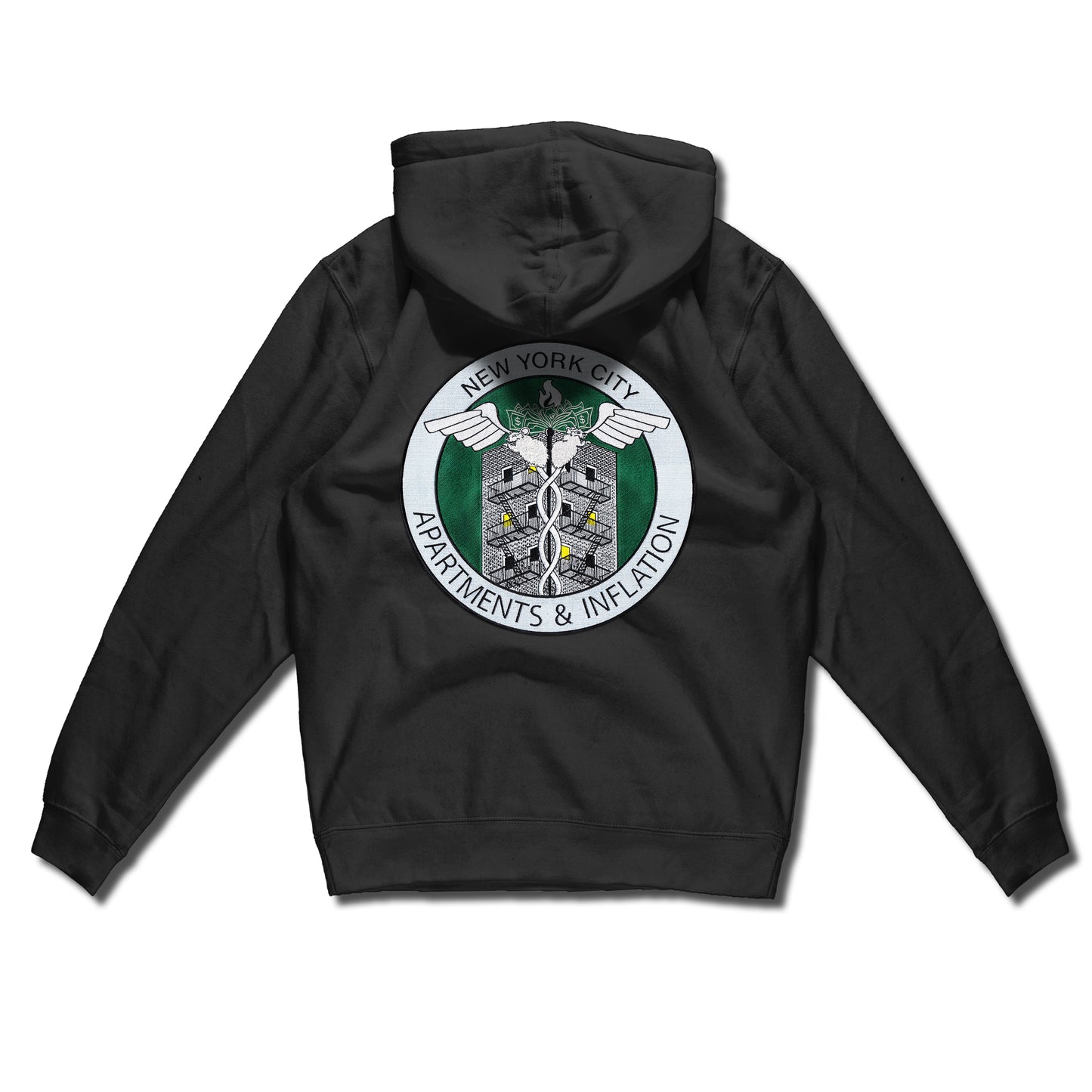 New York City Apartments & Inflation hand sewn embroidery on 10 oz. pullover hoody
