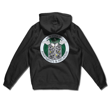 New York City Apartments & Inflation hand sewn embroidery on 10 oz. pullover hoody