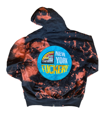 New York Fuckery embroidered acid washed black highland heavyweight metal zipper hooded weather resistant jacket