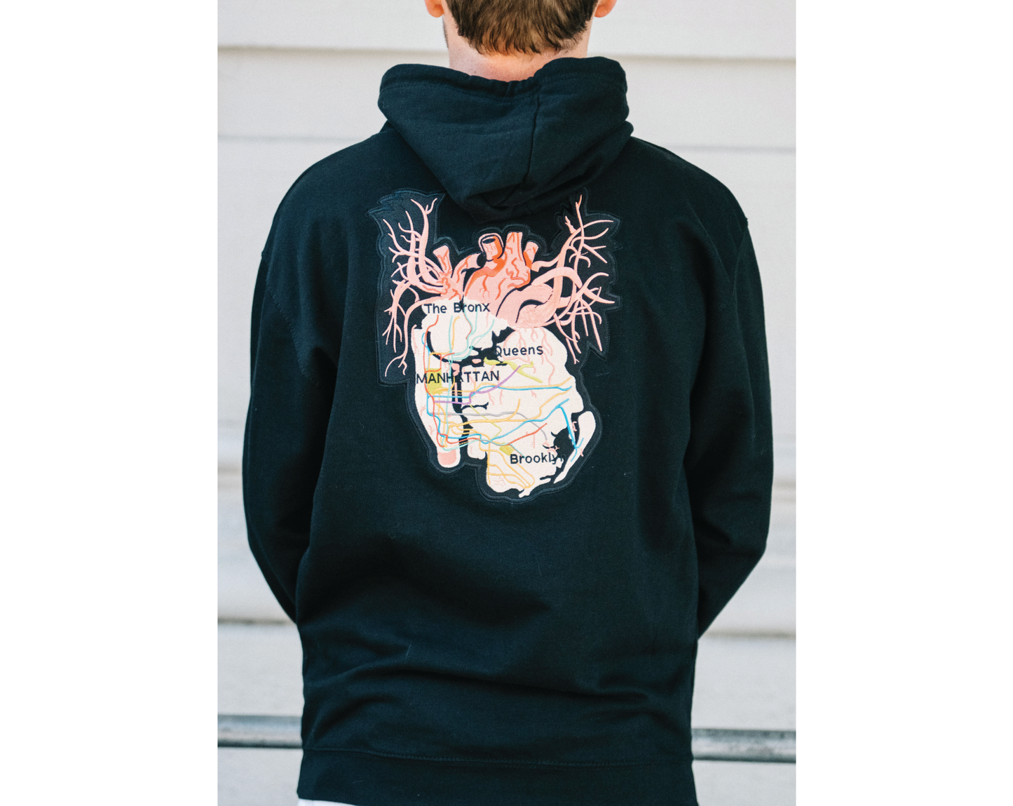 New York City Arteries hand sewn embroidery on pullover hoody