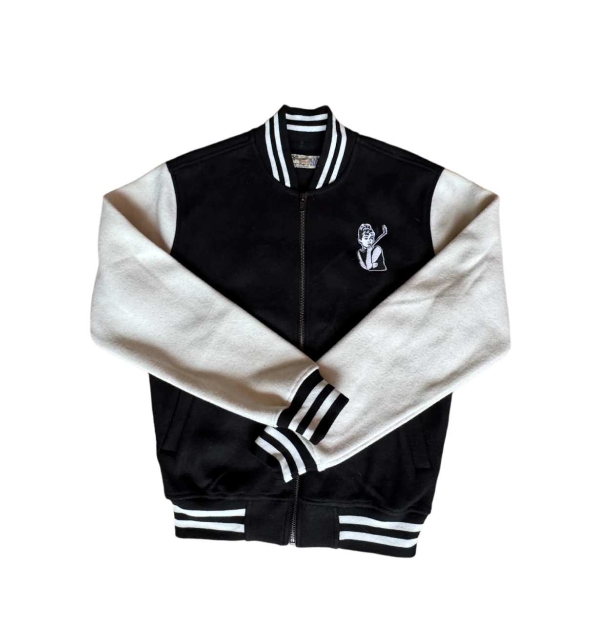 Selfie's at Tiffany's hand sewn chenille on wool black & white varsity jacket